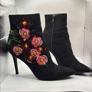 Thalia Sodi Black Heeled Boots with Floral Embellishments